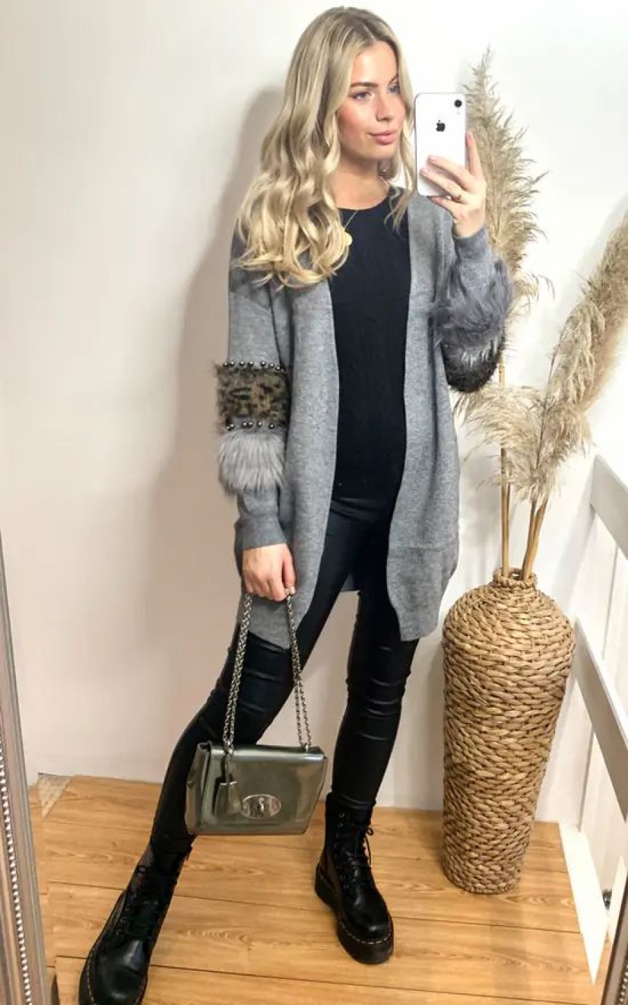 Knitwear * | Budget Cy Boutique Long Cardigan With Leopard Print Faux Fur Embellished Sleeves In Grey