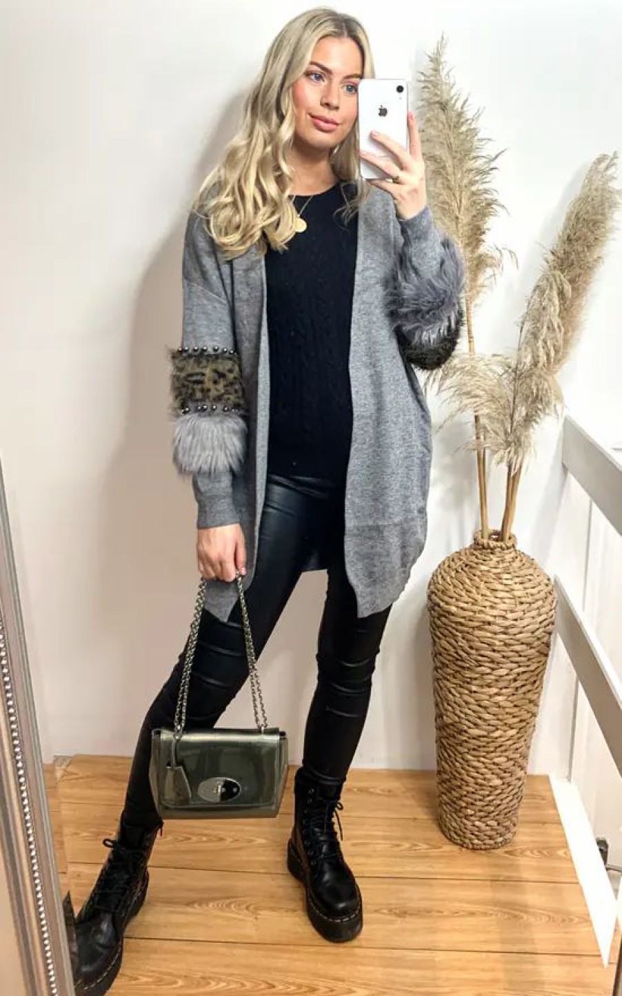 Knitwear * | Budget Cy Boutique Long Cardigan With Leopard Print Faux Fur Embellished Sleeves In Grey