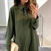 Tops * | Deals Hoxton Gal Oversized Tie Detailed Tunic Shirt With Long Sleeves In Khaki