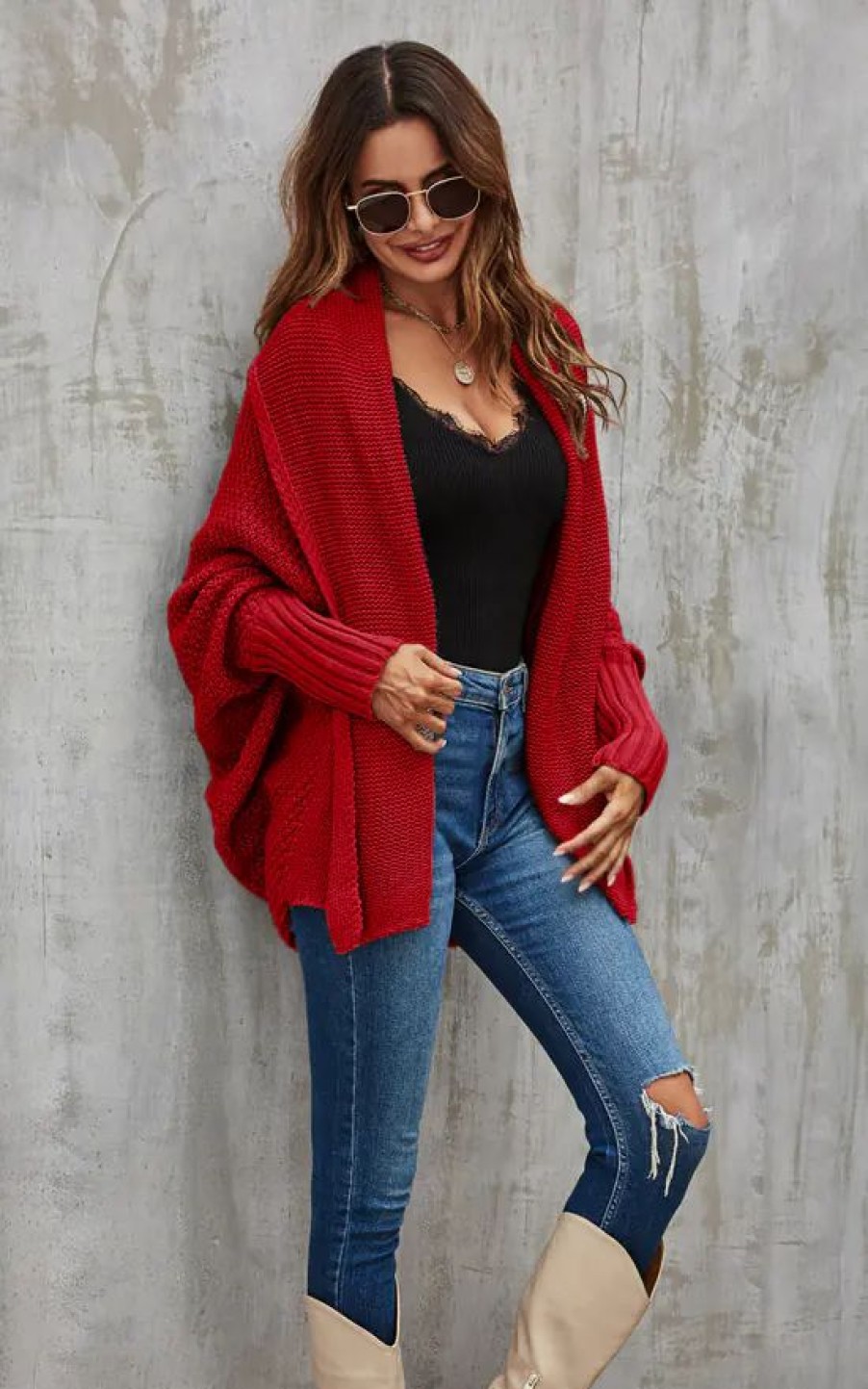 Knitwear * | Top 10 Fs Collection Chunky Pleat Oversized Cardigan In Dark Red