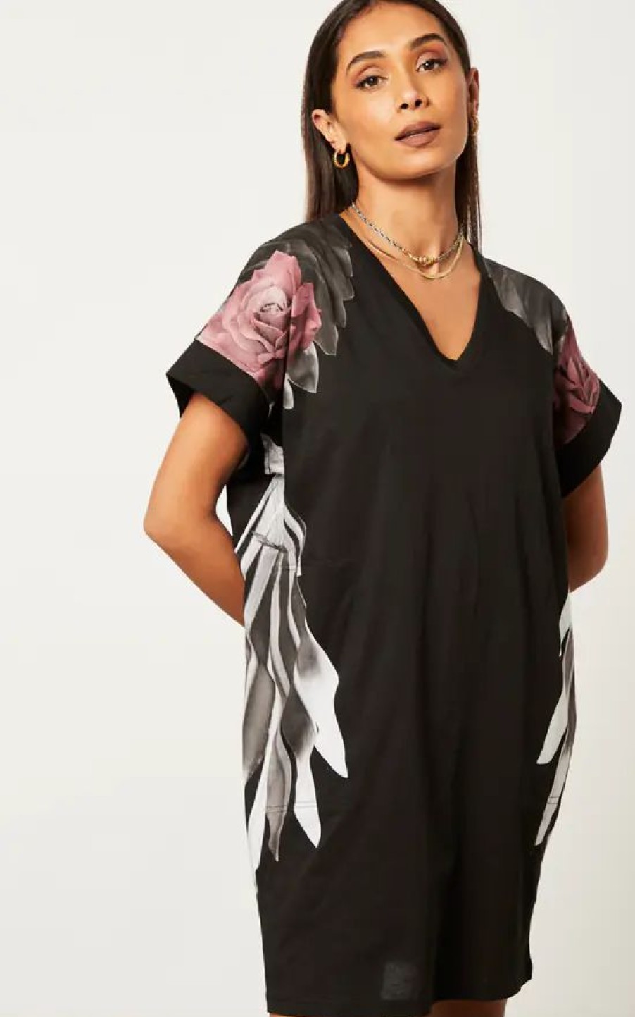 Dresses * | Buy Religion Jersey Tunic Dress In Large Wing Placement Print In White And Pink With Side Pockets