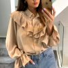 Tops * | Buy Hoxton Gal Oversized Frilled Front Shirt With Detailed Cuffs In Beige