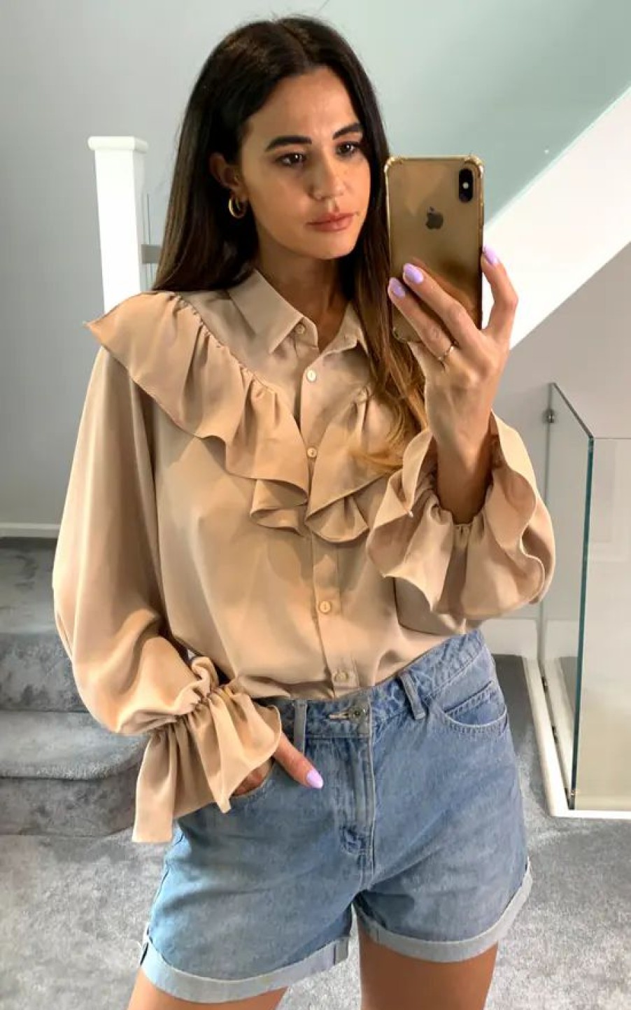 Tops * | Buy Hoxton Gal Oversized Frilled Front Shirt With Detailed Cuffs In Beige