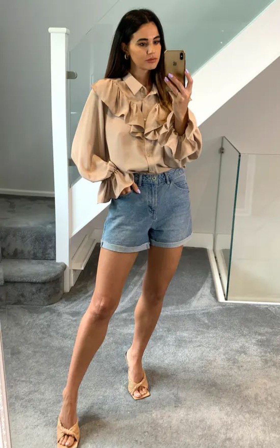 Tops * | Buy Hoxton Gal Oversized Frilled Front Shirt With Detailed Cuffs In Beige