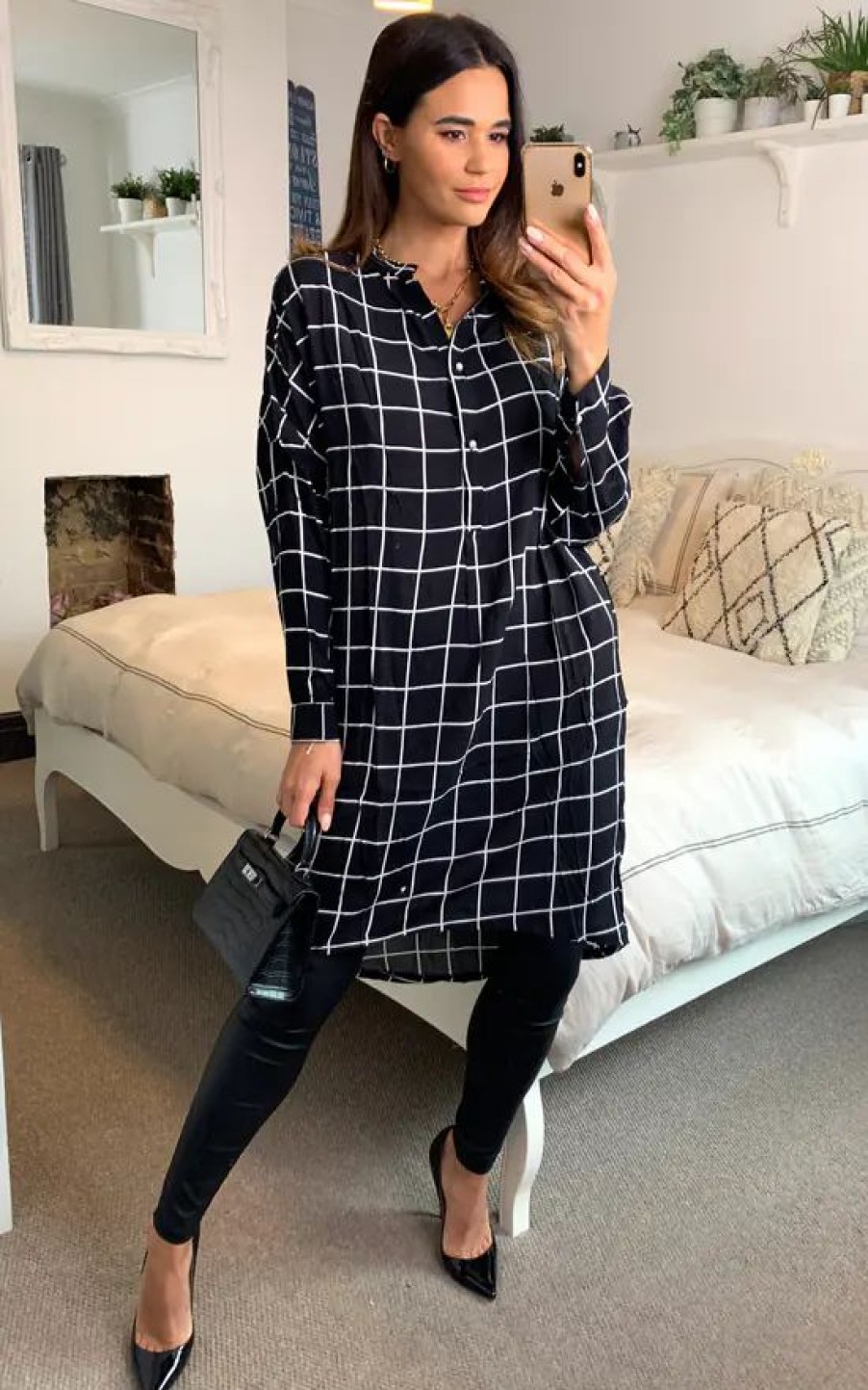 Dresses * | Best Reviews Of Cy Boutique Long Sleeve Shirt Dress In Black And White Check