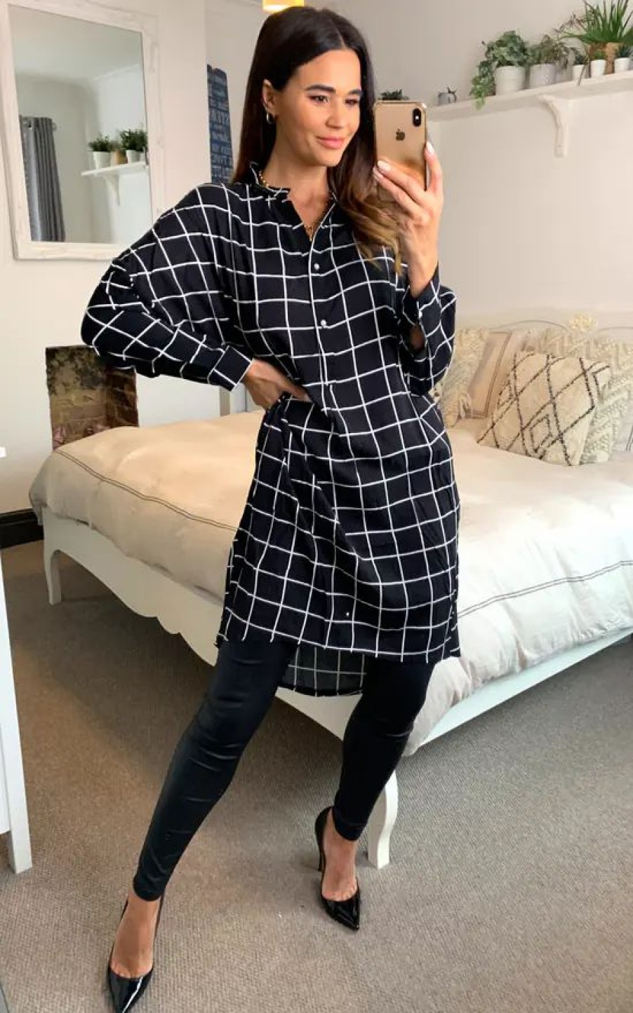 Dresses * | Best Reviews Of Cy Boutique Long Sleeve Shirt Dress In Black And White Check