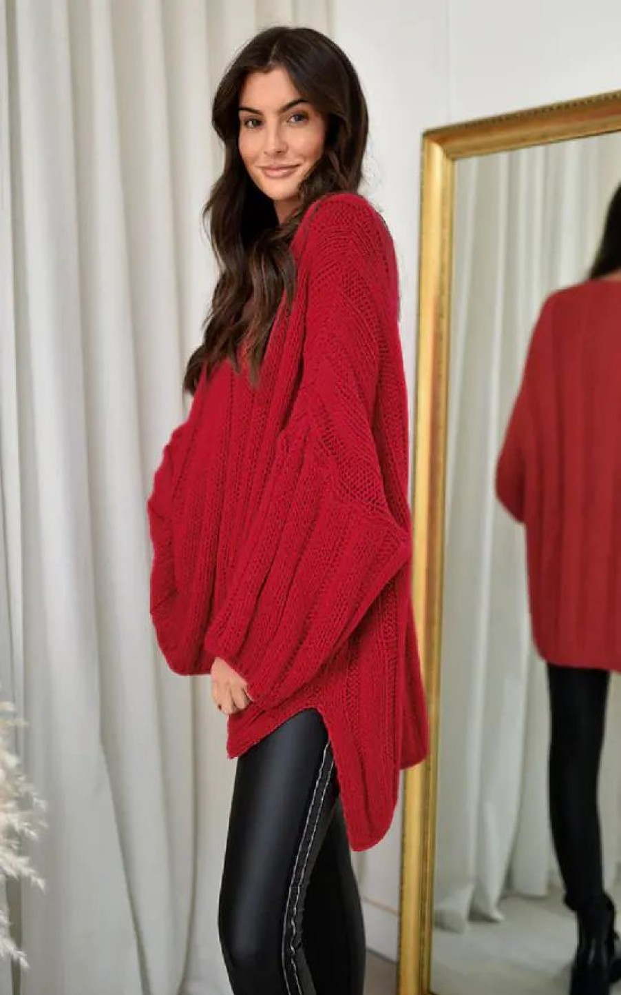 Knitwear * | Best Reviews Of Ikrush Laura Oversized Cable Knitted Cardigan In Red