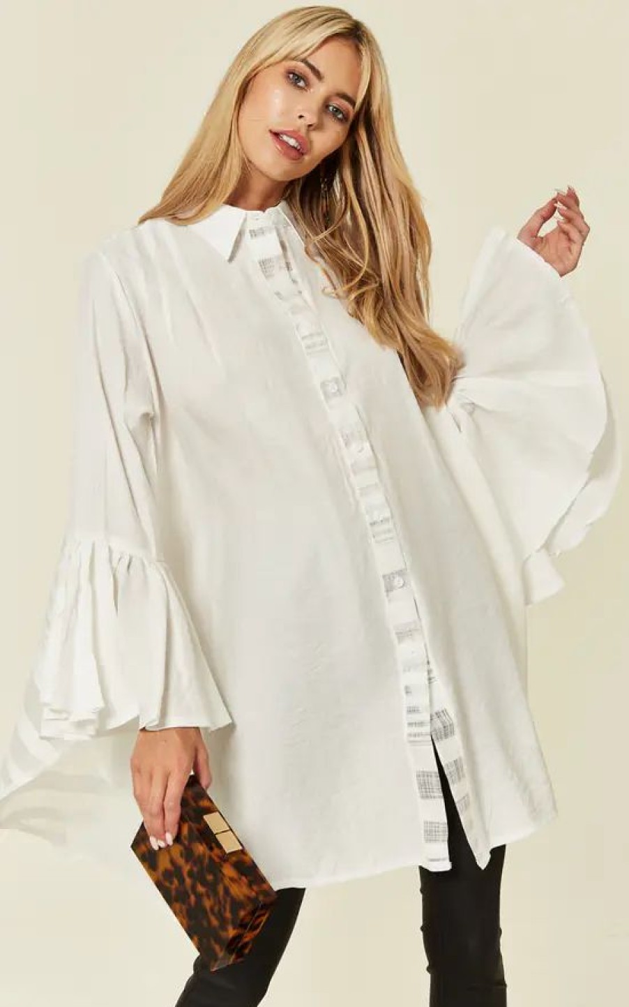 Tops * | Flash Sale Cy Boutique Oversized Shirt With Frilled Sleeves And Mesh Back In White