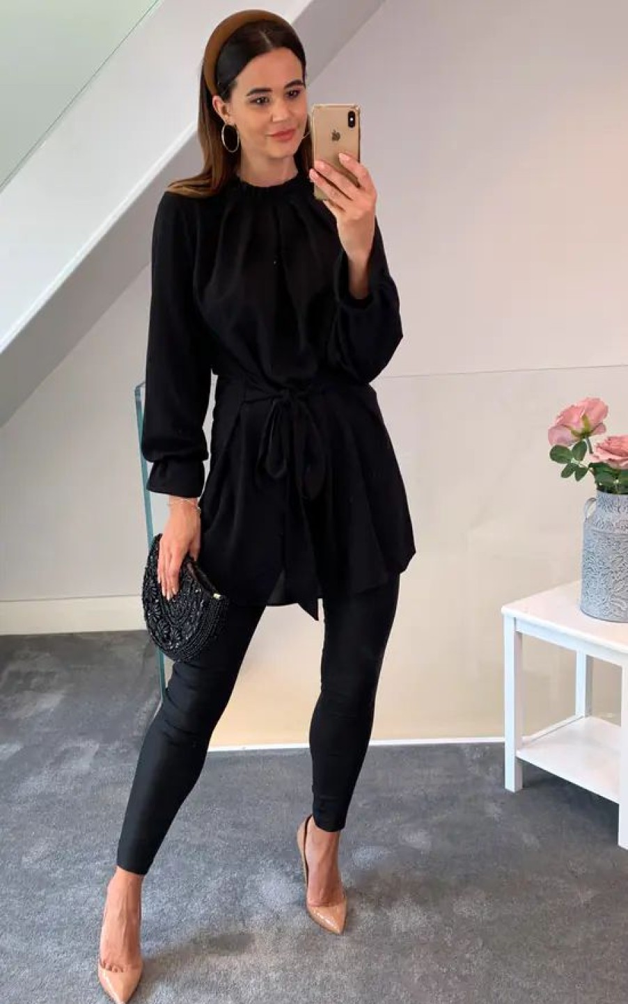 Dresses * | Budget Hoxton Gal Oversized Crepe Tie Ruffle Neck With Tie Waist Detailed Tunic In Black