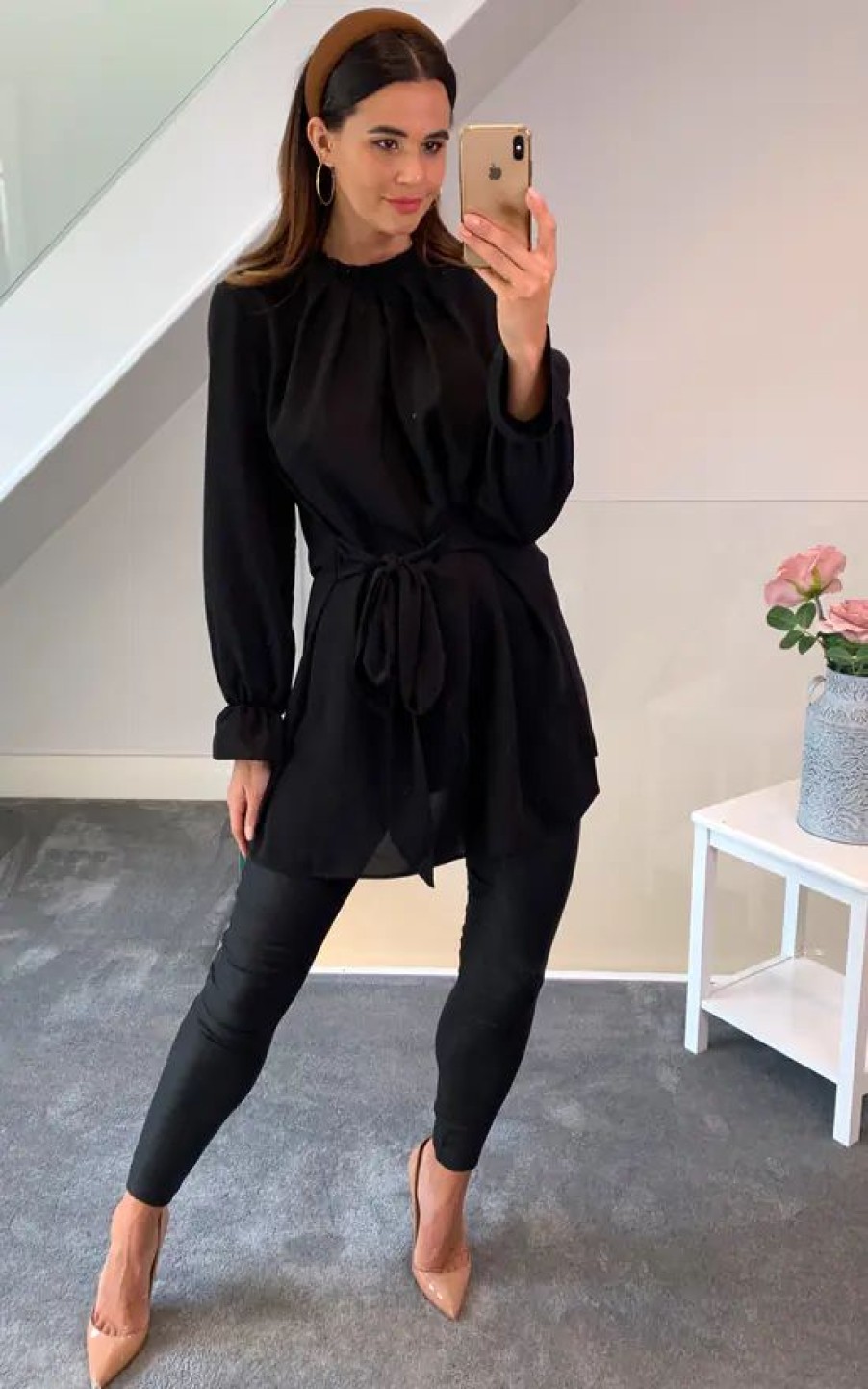 Dresses * | Budget Hoxton Gal Oversized Crepe Tie Ruffle Neck With Tie Waist Detailed Tunic In Black