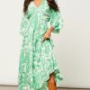 Dresses * | Coupon Hoxton Gal Oversized V Neck Detailed Floral Print Midi Dress In Green And White