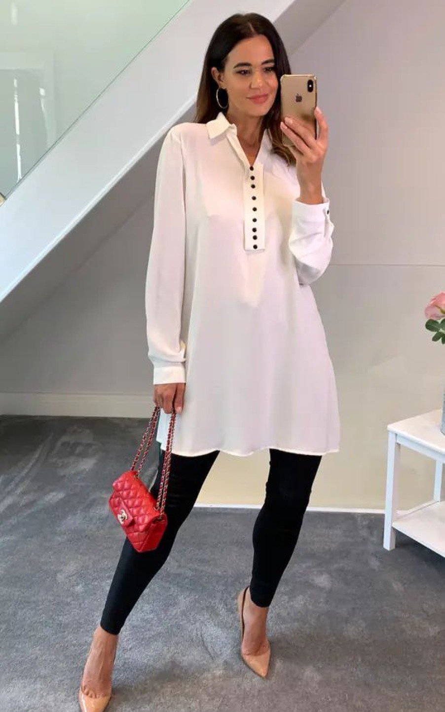 Tops * | Top 10 Hoxton Gal Crepe Tunic Shirt With Button Details In White