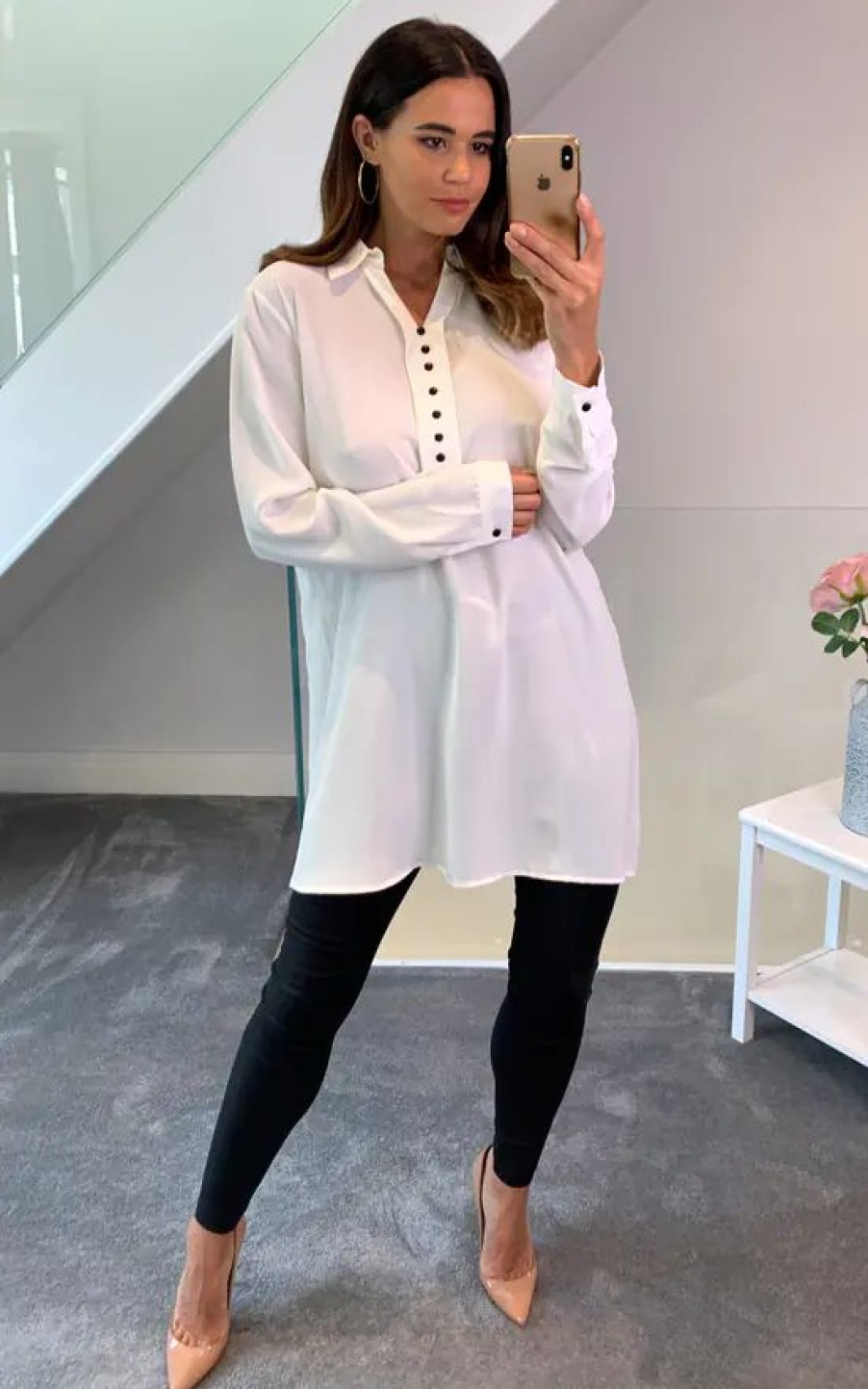 Tops * | Top 10 Hoxton Gal Crepe Tunic Shirt With Button Details In White