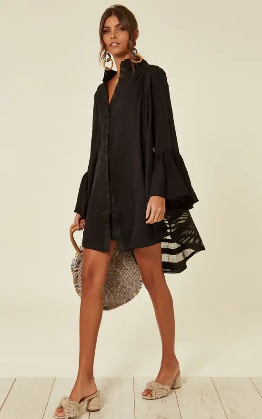 Dresses * | Budget Cy Boutique Oversized Shirt With Frill Sleeves & Mesh Check Detail In Black