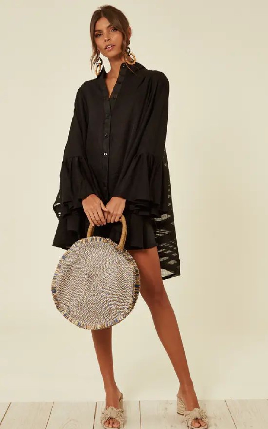 Dresses * | Budget Cy Boutique Oversized Shirt With Frill Sleeves & Mesh Check Detail In Black