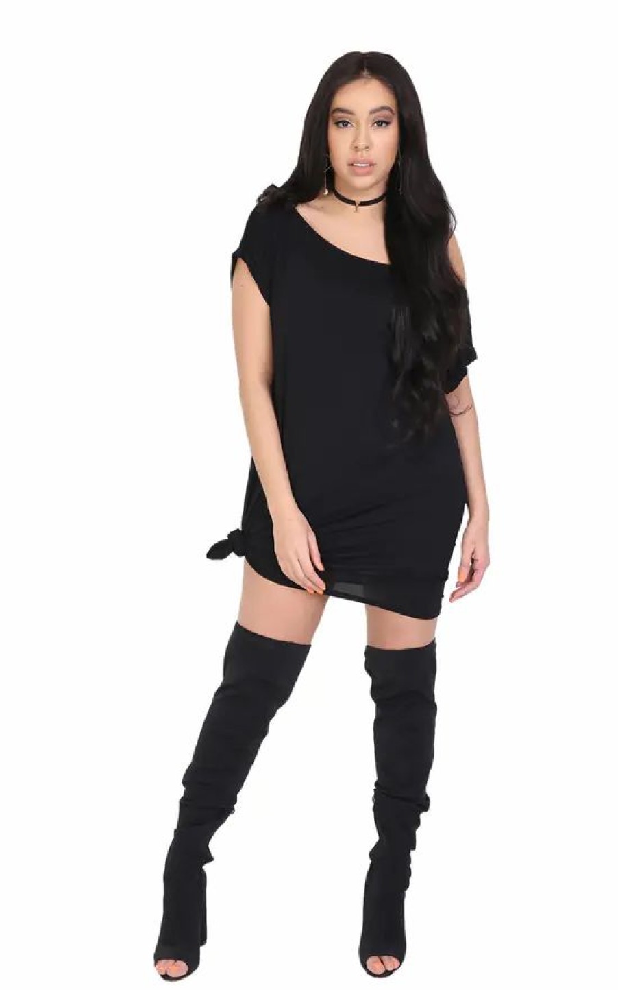 Dresses * | New Oops Fashion Black Off Shoulder Oversized Jersey Tshirt Dress