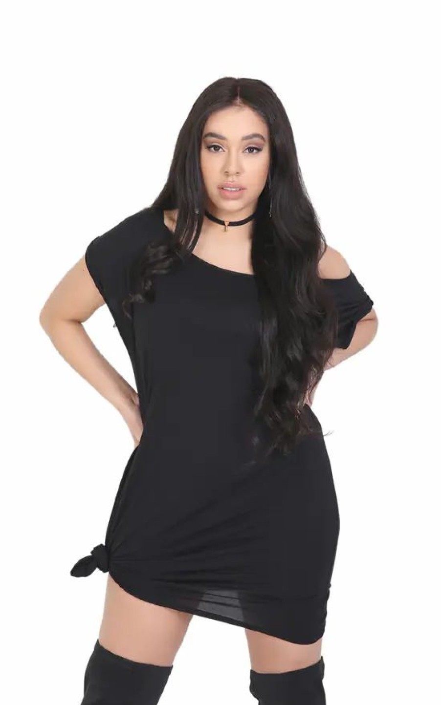 Dresses * | New Oops Fashion Black Off Shoulder Oversized Jersey Tshirt Dress