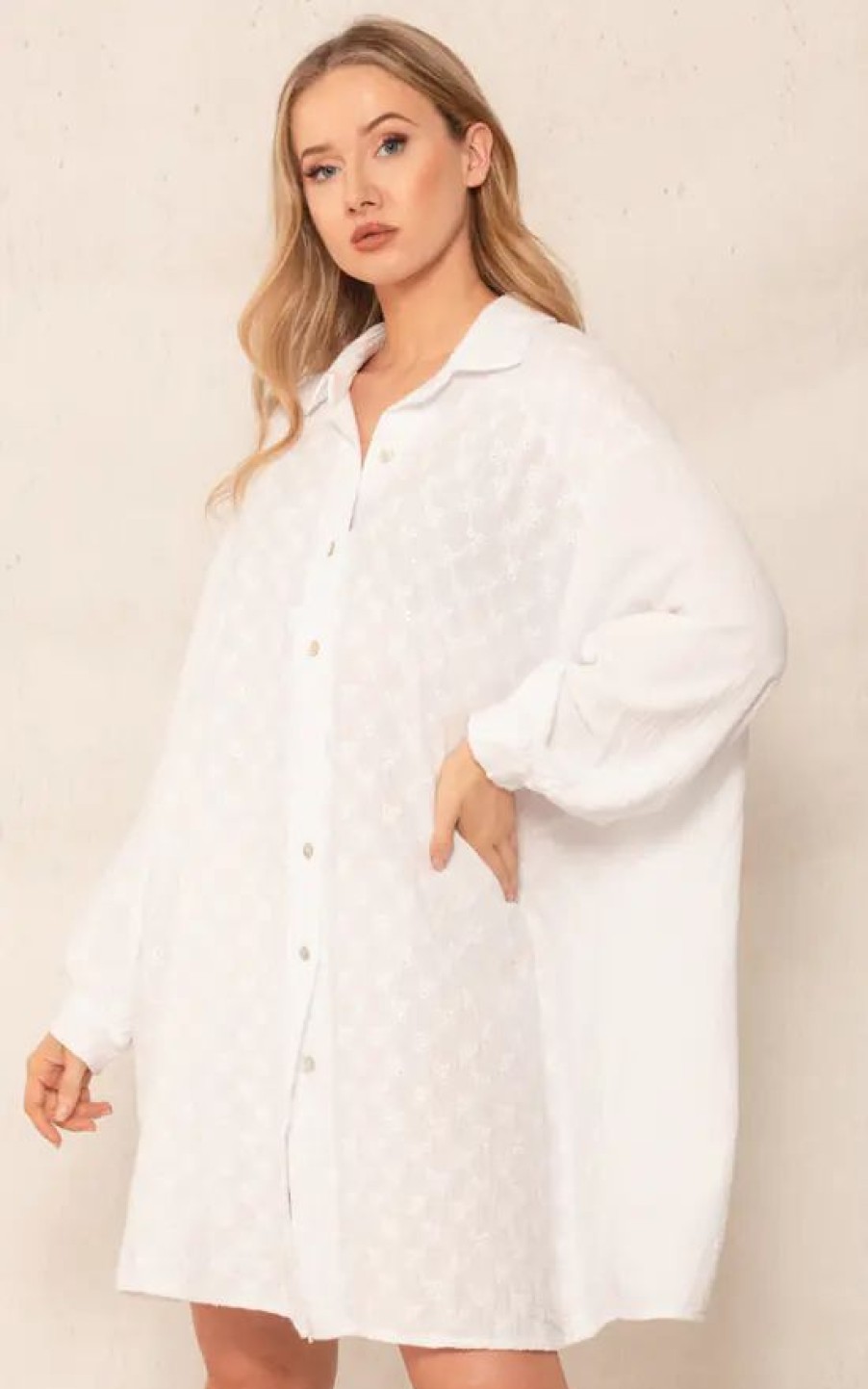 Dresses * | Outlet Boutique Store White Floral Broderie Oversized Shirt Dress