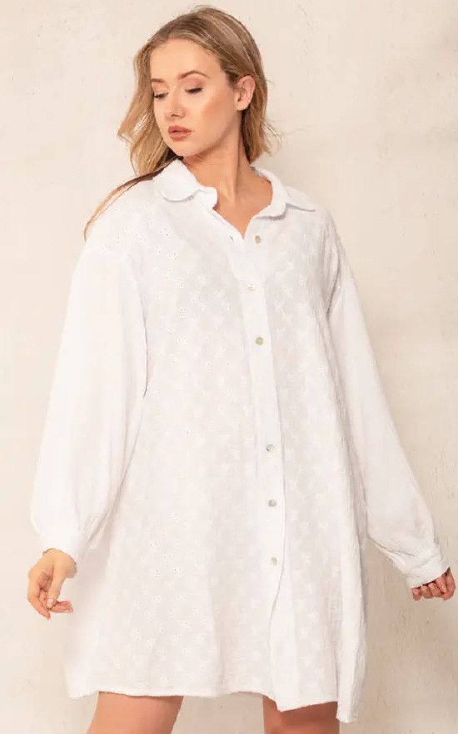 Dresses * | Outlet Boutique Store White Floral Broderie Oversized Shirt Dress