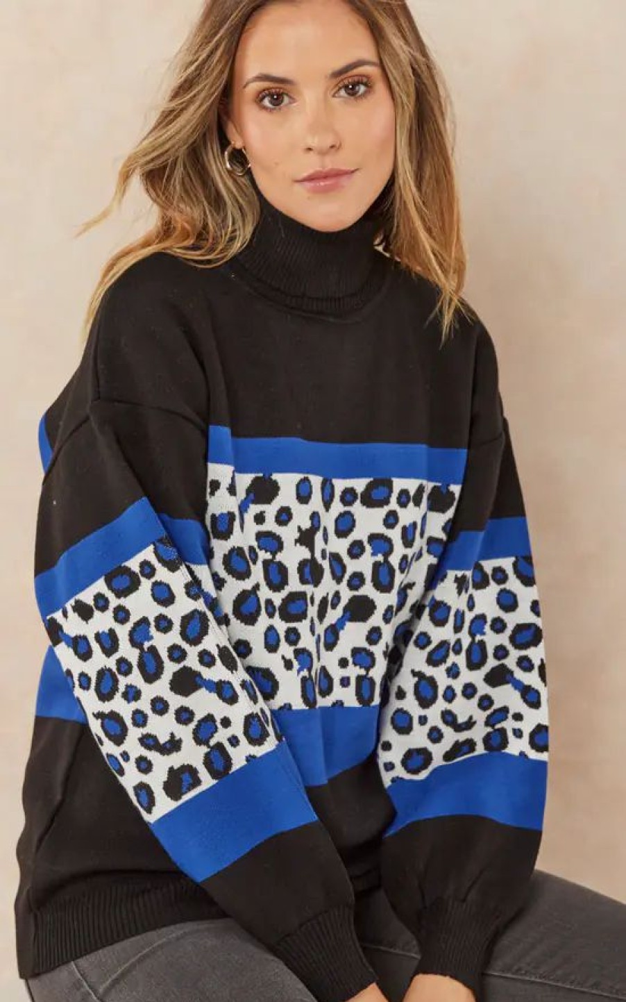 Knitwear * | Cheap Jenerique High Neck Oversize Leopard Jumper In Blue Leopard