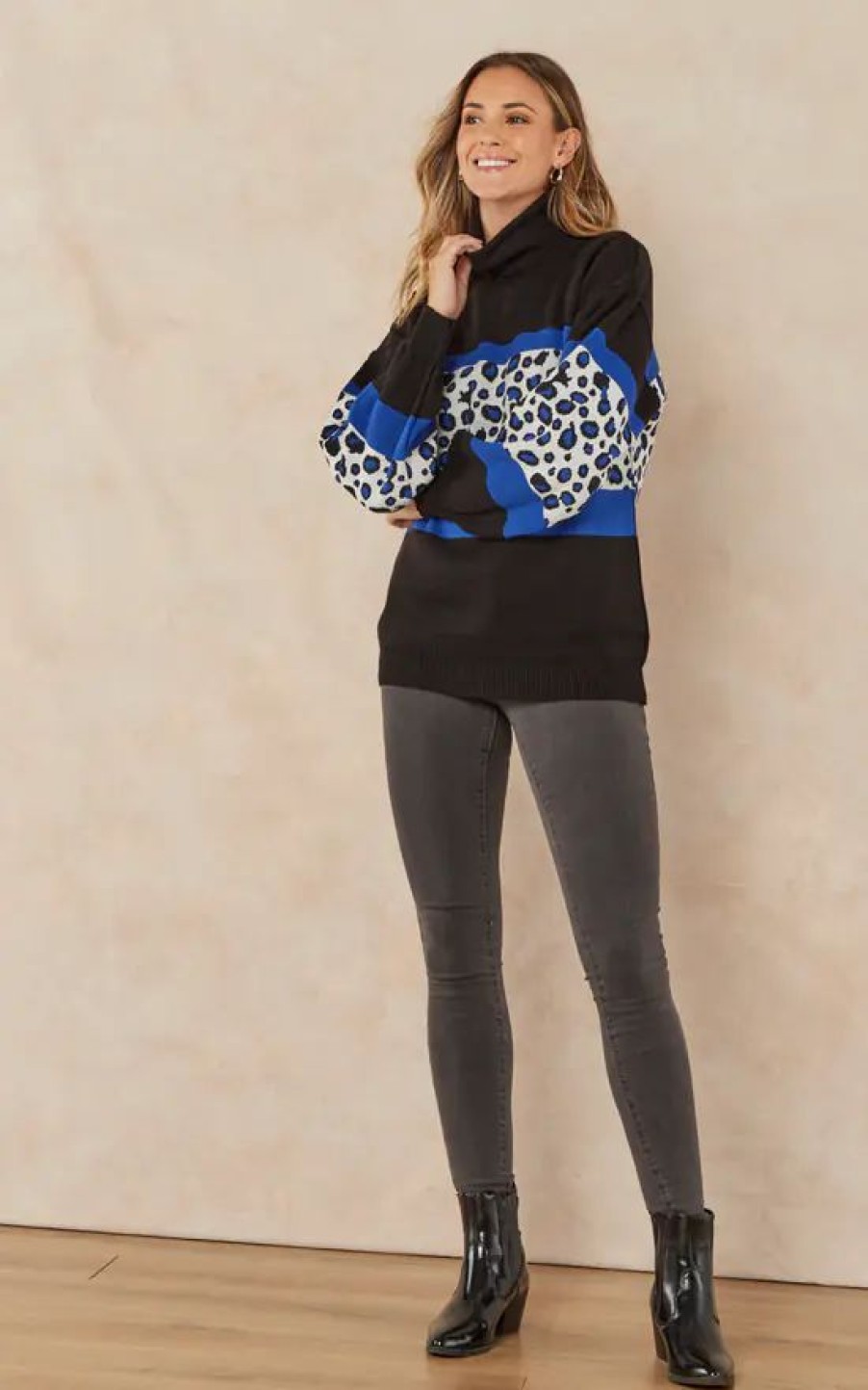 Knitwear * | Cheap Jenerique High Neck Oversize Leopard Jumper In Blue Leopard