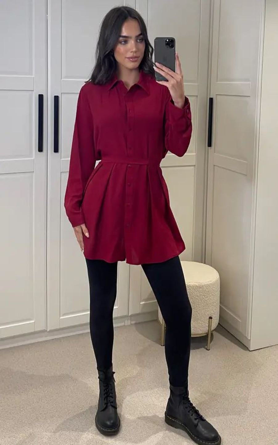 Tops * | Cheap Hoxton Gal Oversized Long Slevees Pleated Shirt Top With Matching Belt In Burgundy