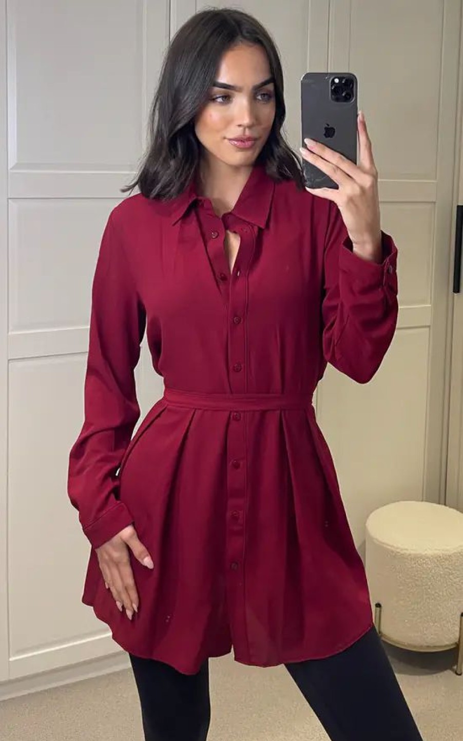 Tops * | Cheap Hoxton Gal Oversized Long Slevees Pleated Shirt Top With Matching Belt In Burgundy