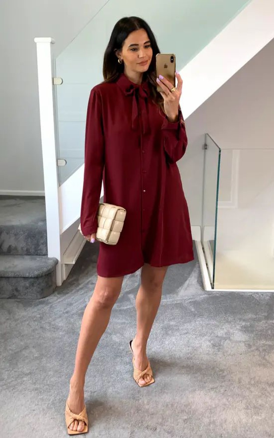 Tops * | Best Reviews Of Hoxton Gal Oversized Tie Detailed Tunic Shirt With Long Sleeves In Burgundy