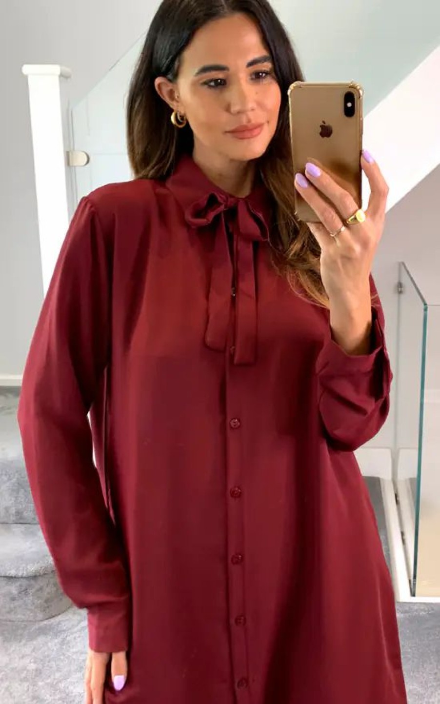 Tops * | Best Reviews Of Hoxton Gal Oversized Tie Detailed Tunic Shirt With Long Sleeves In Burgundy