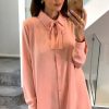 Tops * | Discount Hoxton Gal Oversized Tie Detailed Tunic Shirt With Long Sleeves In Pink