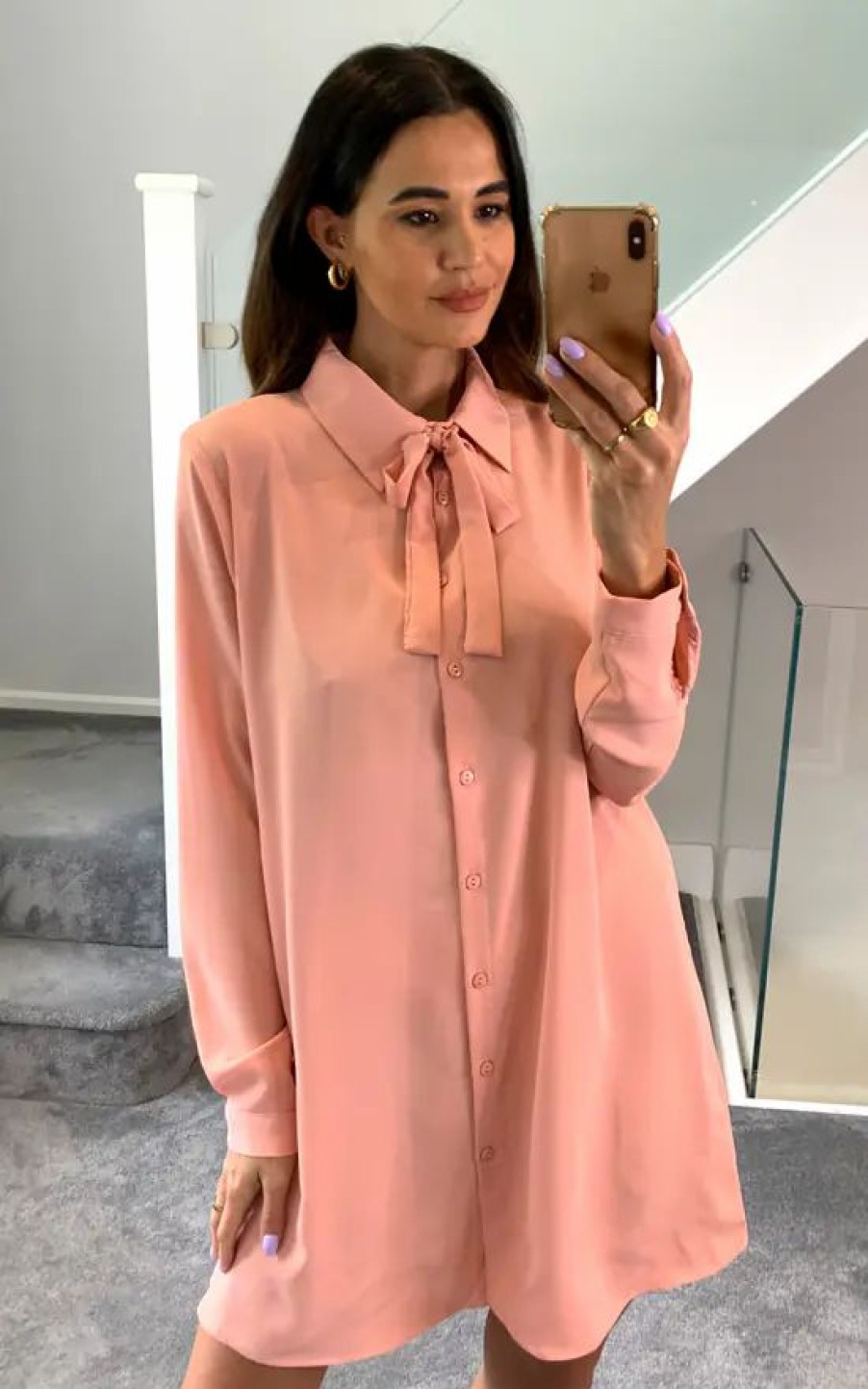 Tops * | Discount Hoxton Gal Oversized Tie Detailed Tunic Shirt With Long Sleeves In Pink