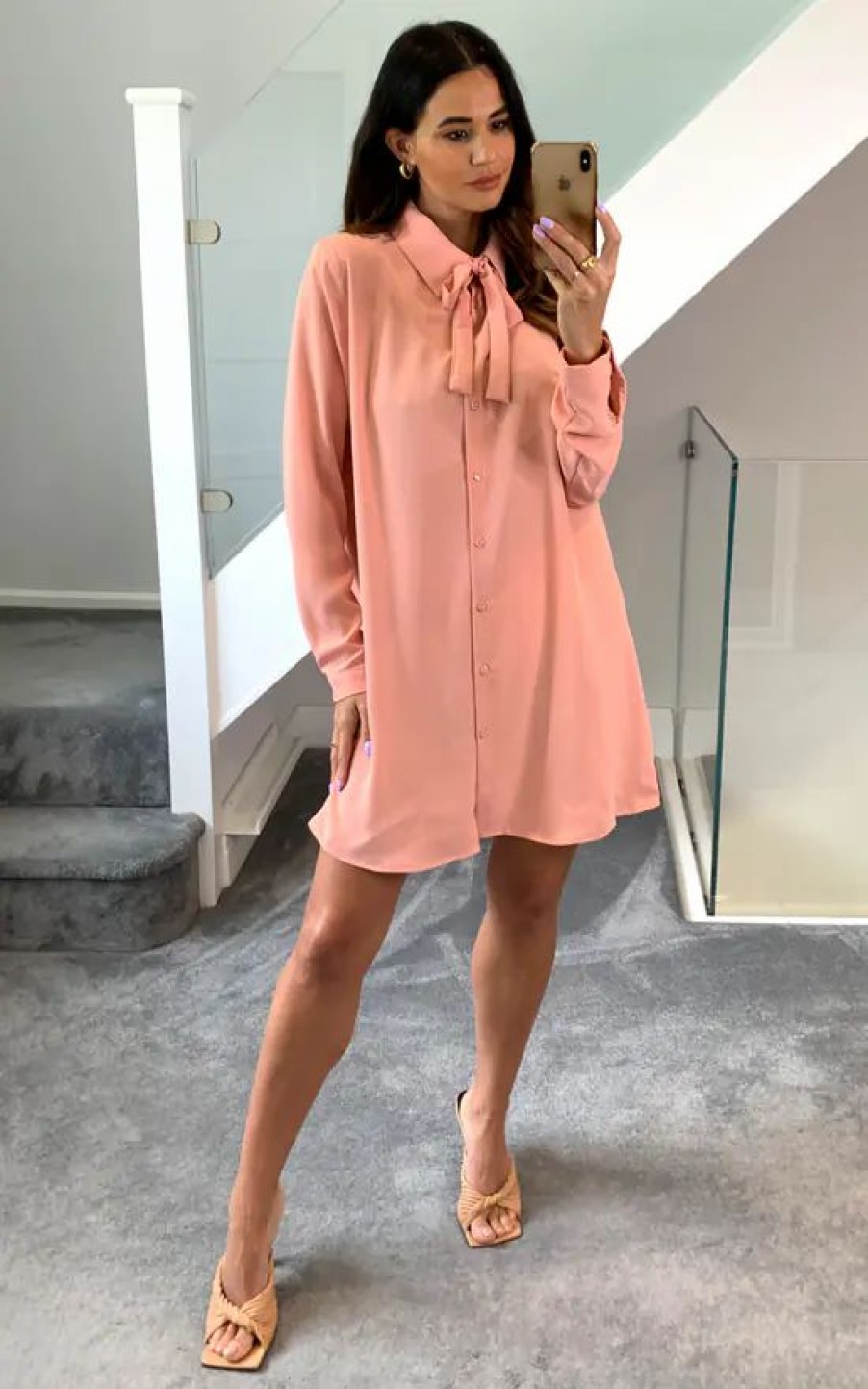 Tops * | Discount Hoxton Gal Oversized Tie Detailed Tunic Shirt With Long Sleeves In Pink