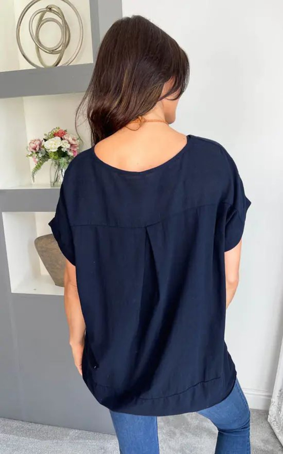 Tops * | Best Pirce Nova Notte Navy Short Sleeve Cotton Pocket Necklace Shirt Top Ruby