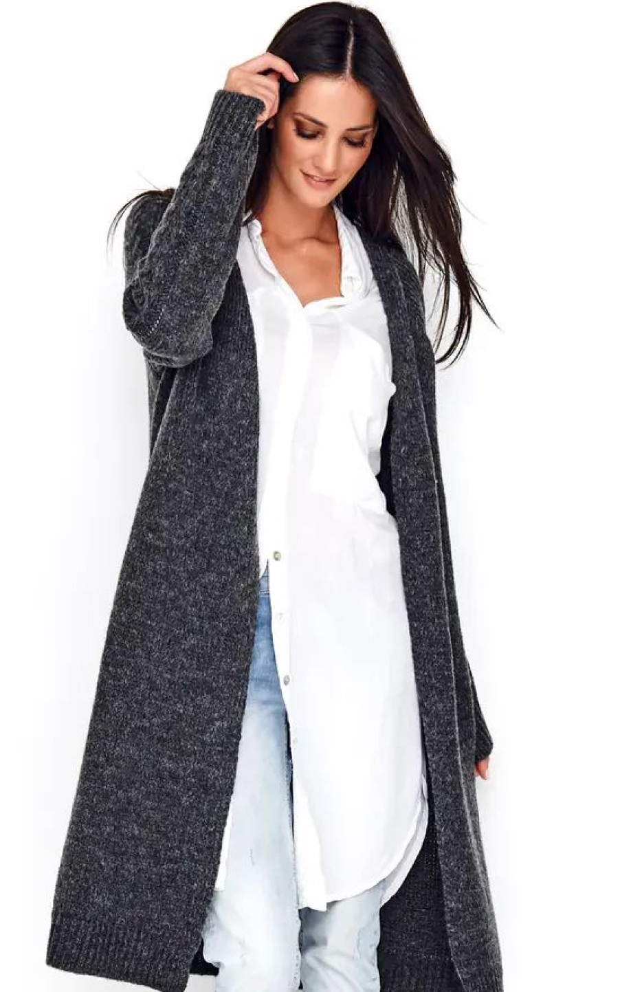 Knitwear * | Promo Makadamia Dark Grey Cardigan With Braid Detail