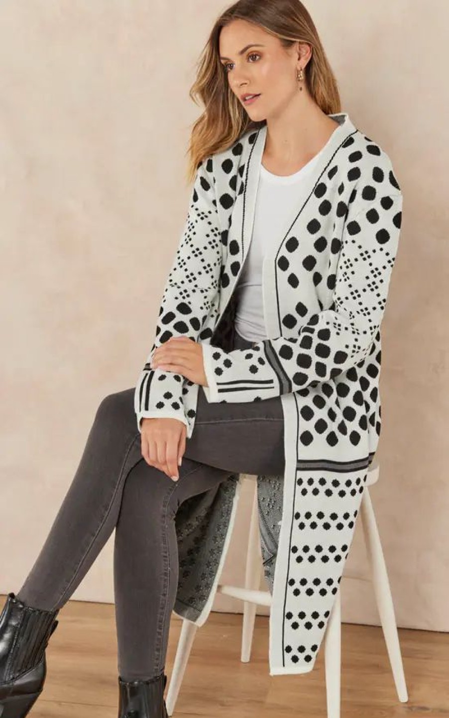 Knitwear * | Flash Sale Jenerique Black/White Longline Cardigan In Polka Dot / Stripe Print