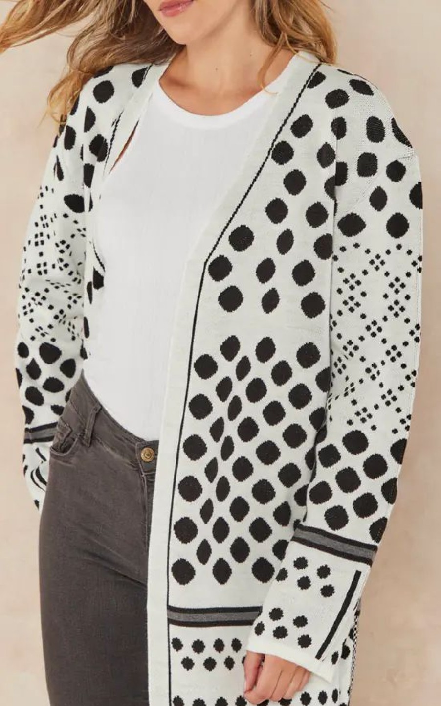 Knitwear * | Flash Sale Jenerique Black/White Longline Cardigan In Polka Dot / Stripe Print