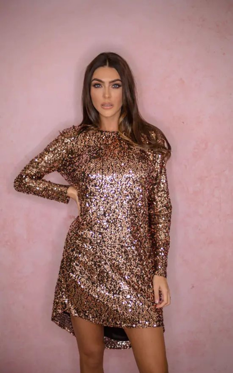 Dresses * | Outlet Rag & Doll Erin Cowl Back Sequin Smock Dress Rose Gold