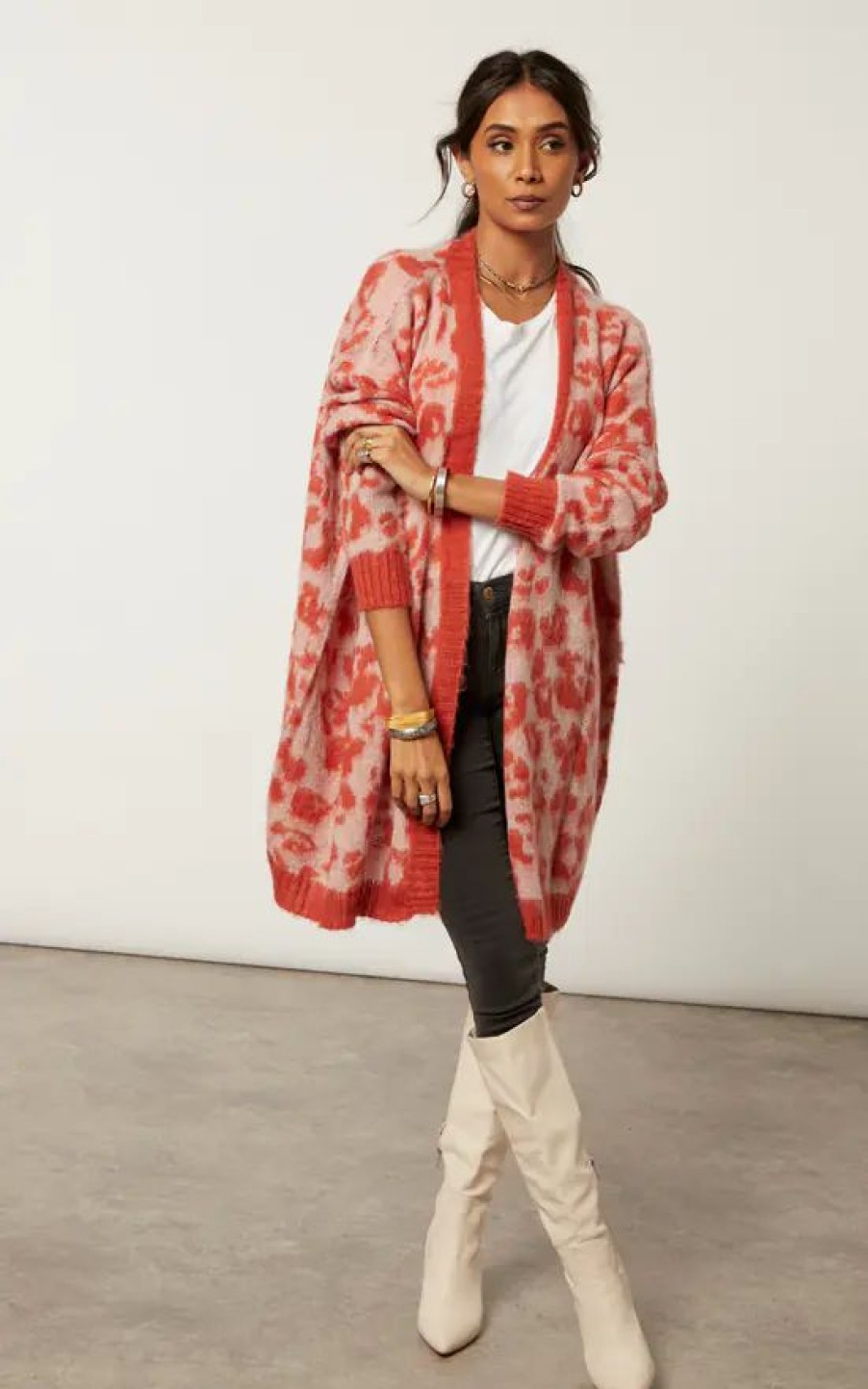 Knitwear * | Deals Religion Longline Fame Cardigan In Burnt Orange Leopard Spot Jacquard