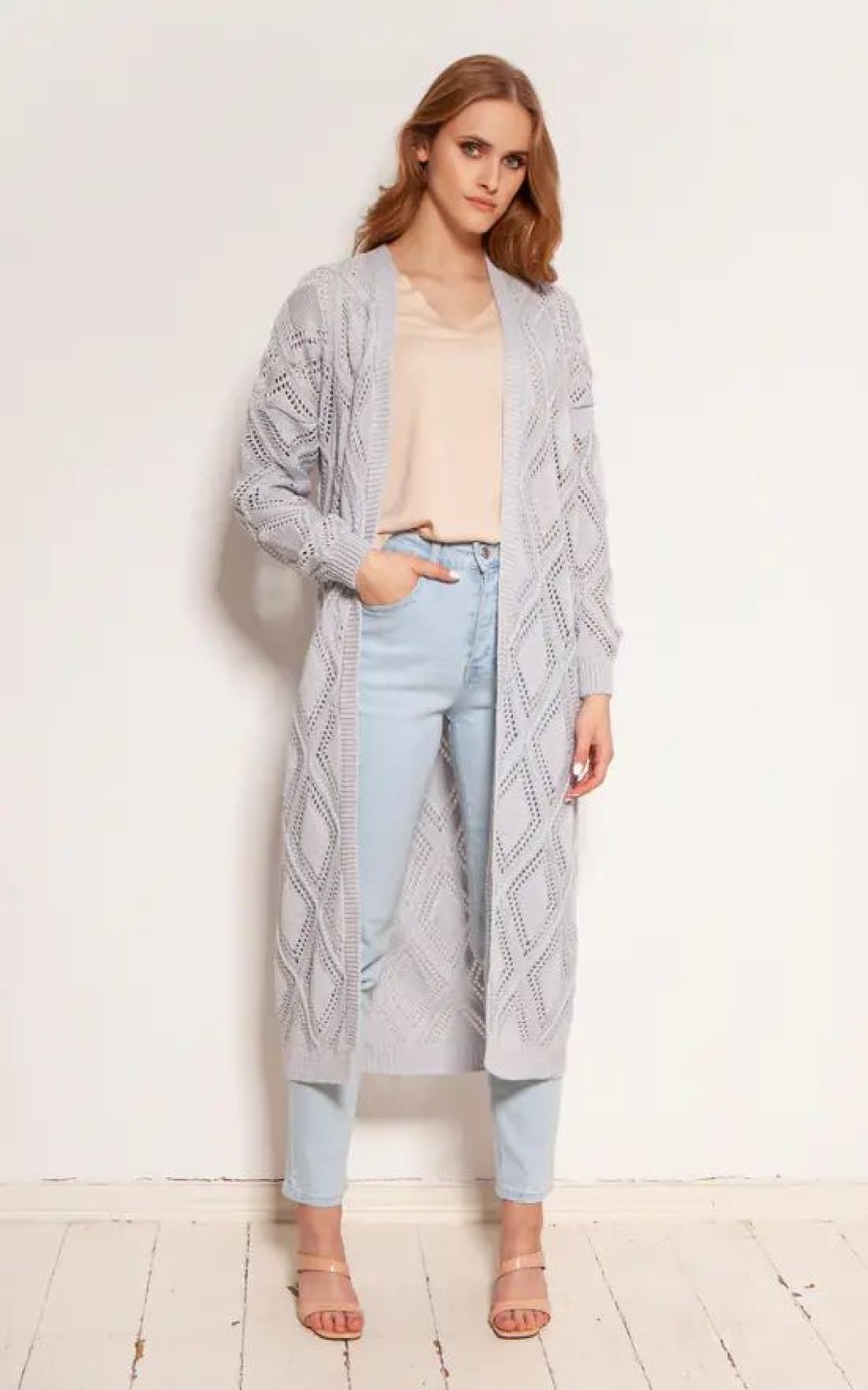 Knitwear * | Budget Lanti Long Cardigan With Open Front In Grey