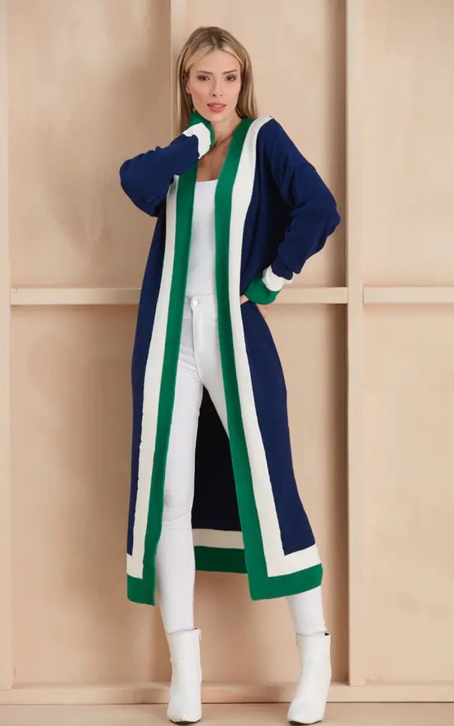 Knitwear * | New Jenerique Longline Colour Block Cardigan In Navy/Green