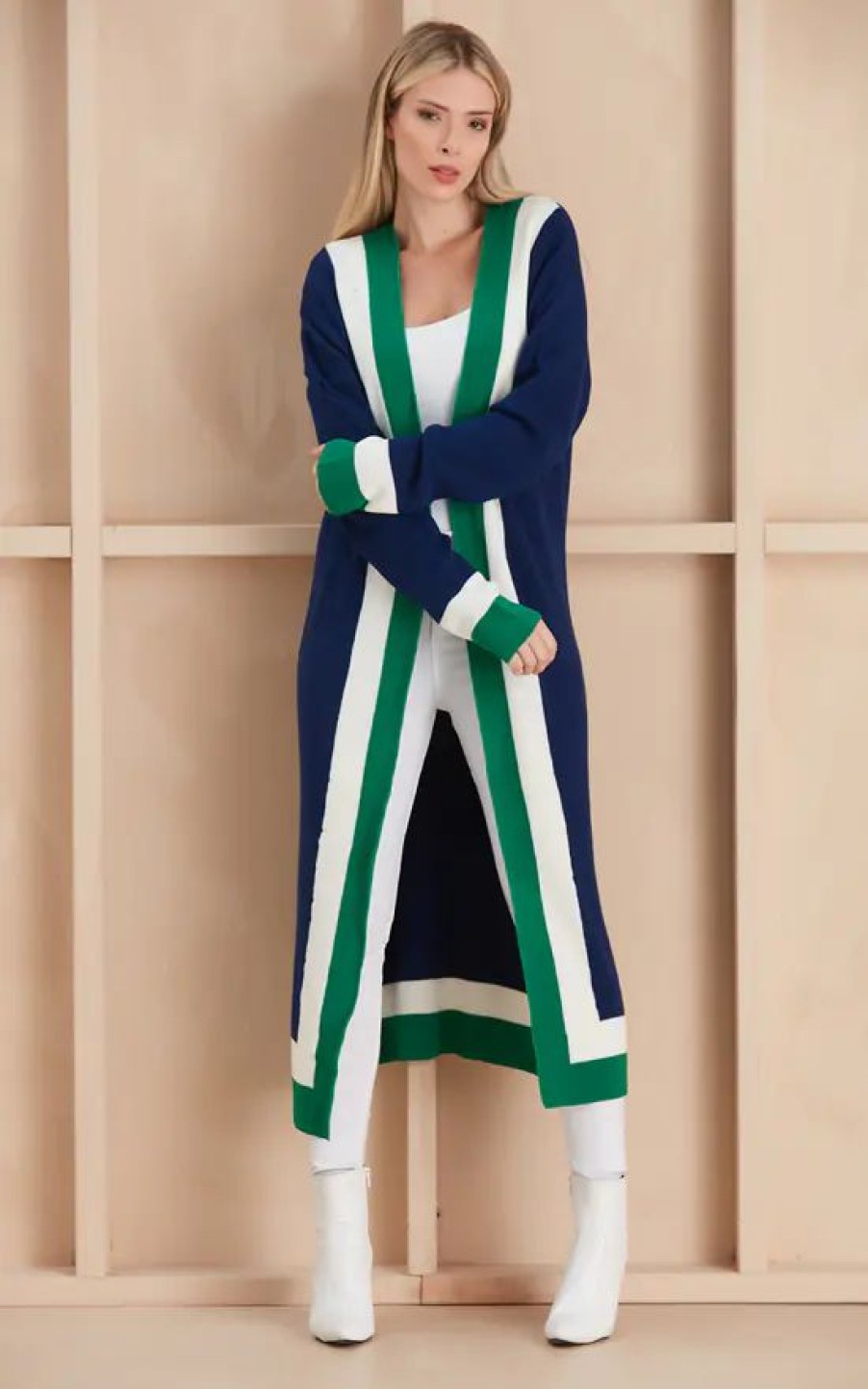 Knitwear * | New Jenerique Longline Colour Block Cardigan In Navy/Green