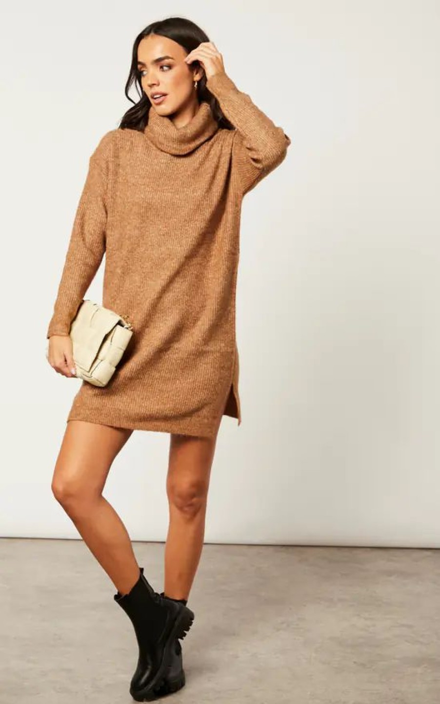 Dresses * | Best Reviews Of Vila Long Sleeve Roll Neck Knitted Dress In Light Brown