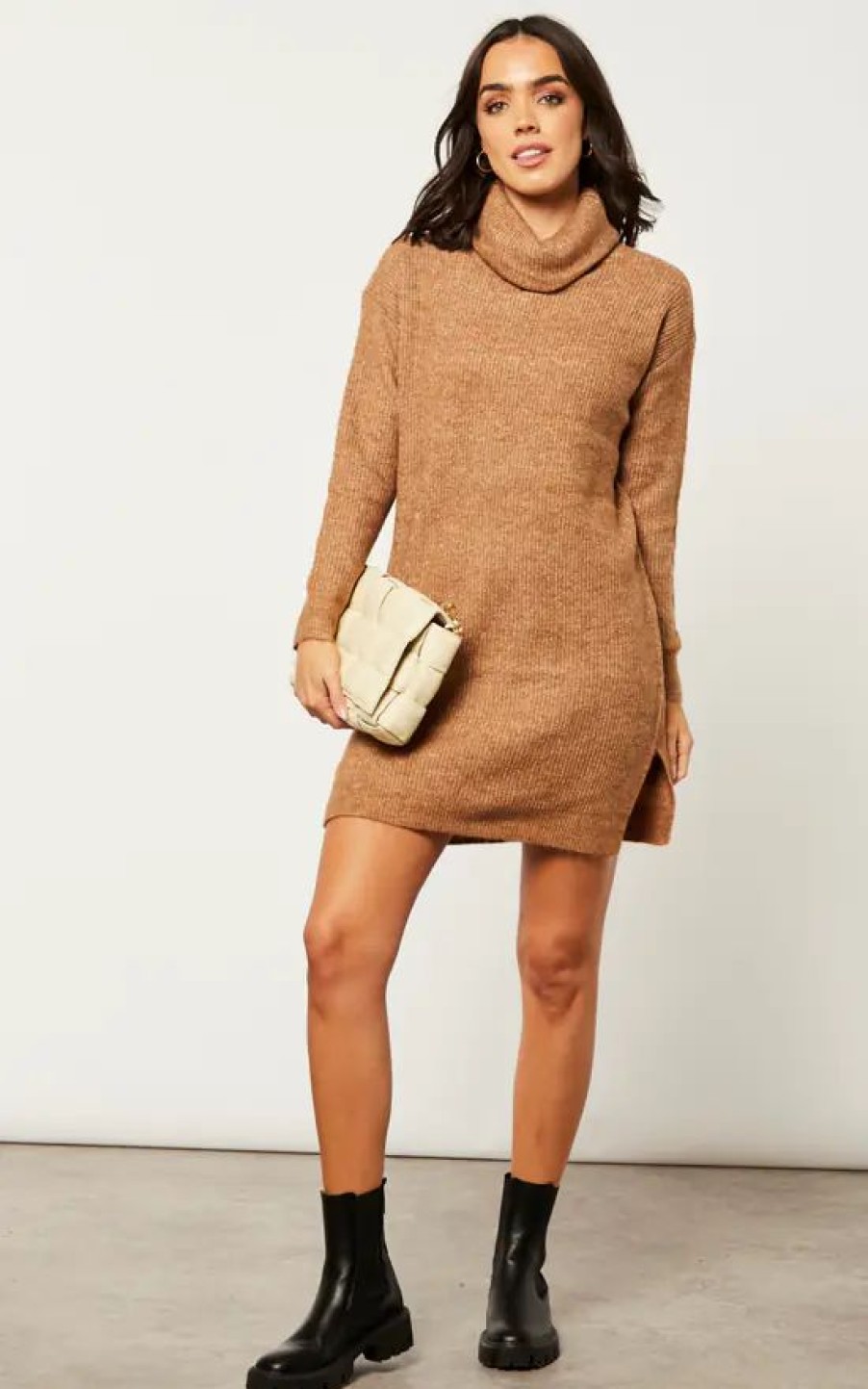 Dresses * | Best Reviews Of Vila Long Sleeve Roll Neck Knitted Dress In Light Brown