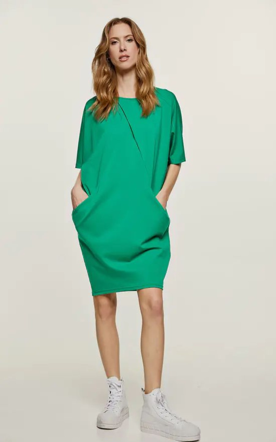 Dresses * | Flash Sale Conquista Fashion Green Punto Di Roma Batwing Dress