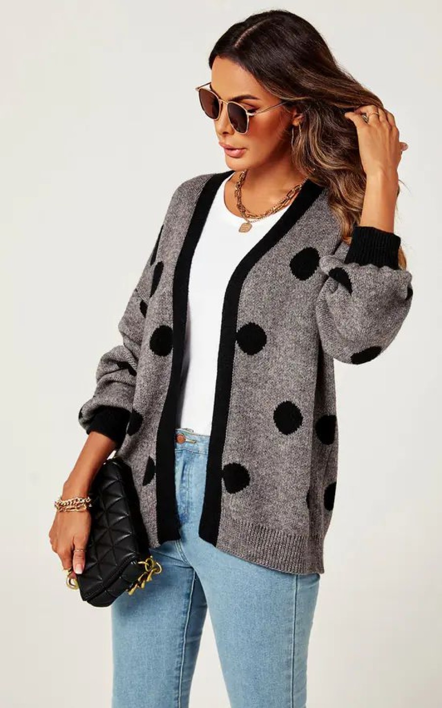 Knitwear * | Flash Sale Fs Collection Black Polka Dot Pattern Cardigan Top In Charcoal Grey