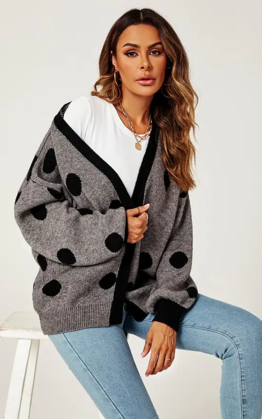 Knitwear * | Flash Sale Fs Collection Black Polka Dot Pattern Cardigan Top In Charcoal Grey