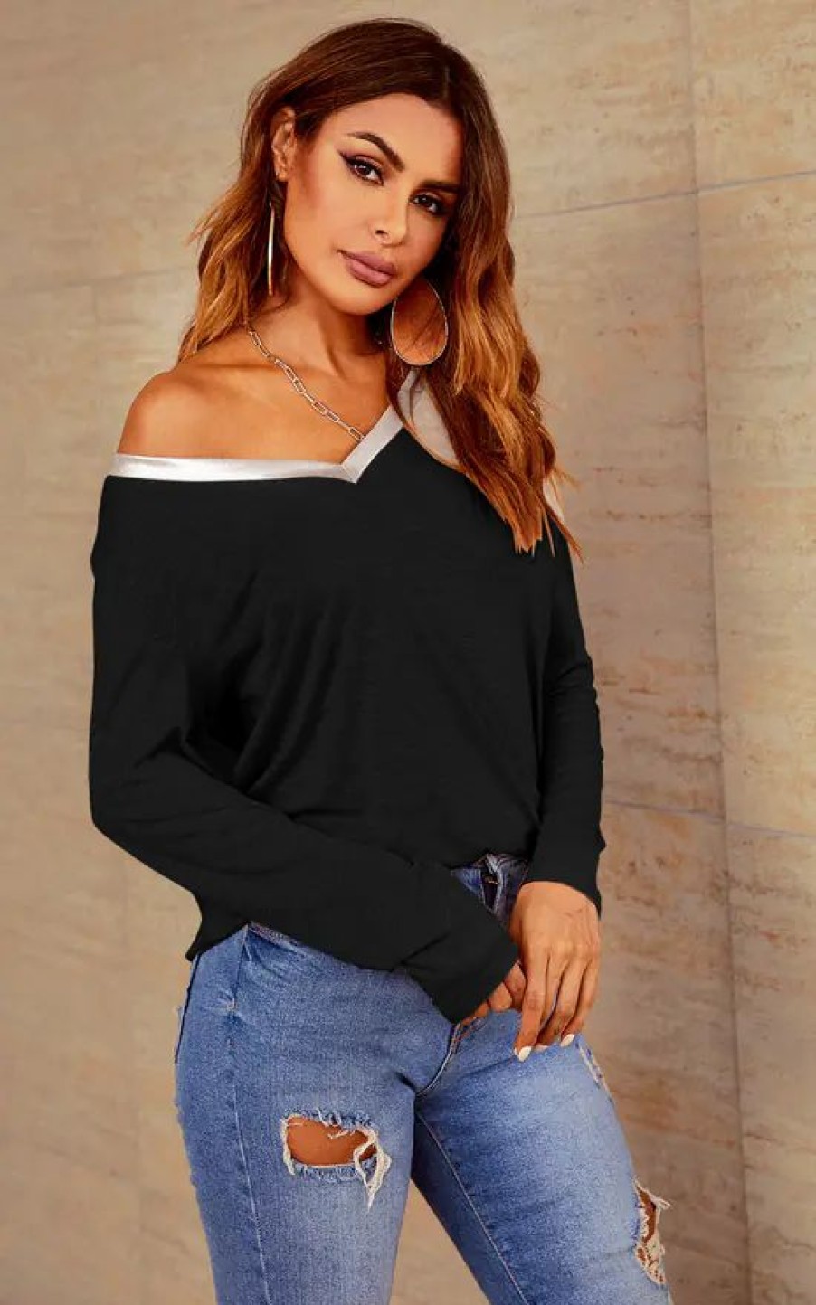 Tops * | Best Pirce Fs Collection Long Sleeves Silver Trim Simple Style T Shirt Top In Black