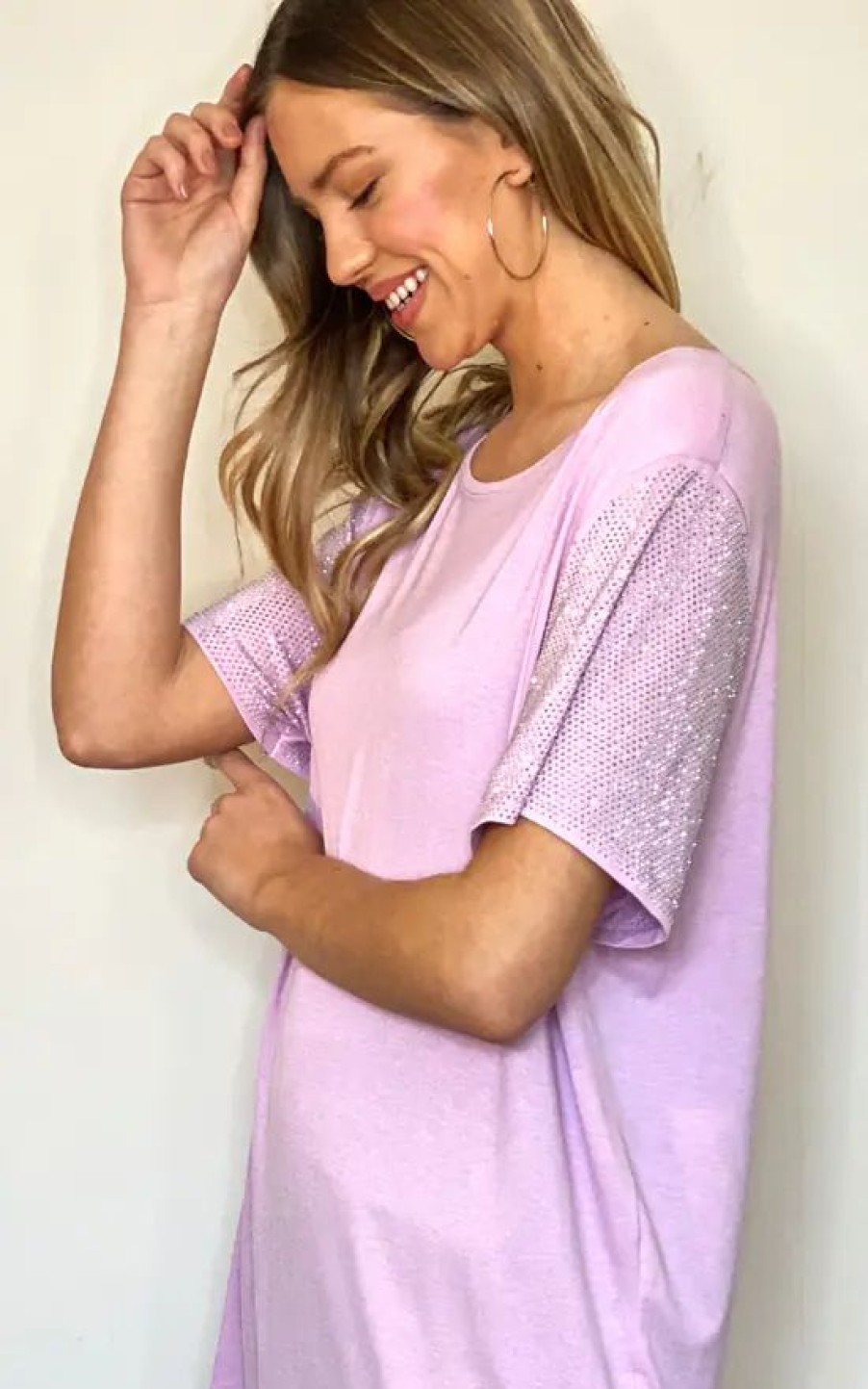 Tops * | Best Reviews Of Malissa J Collection Oversized T Shirt With Bling Sleeves In Lilac