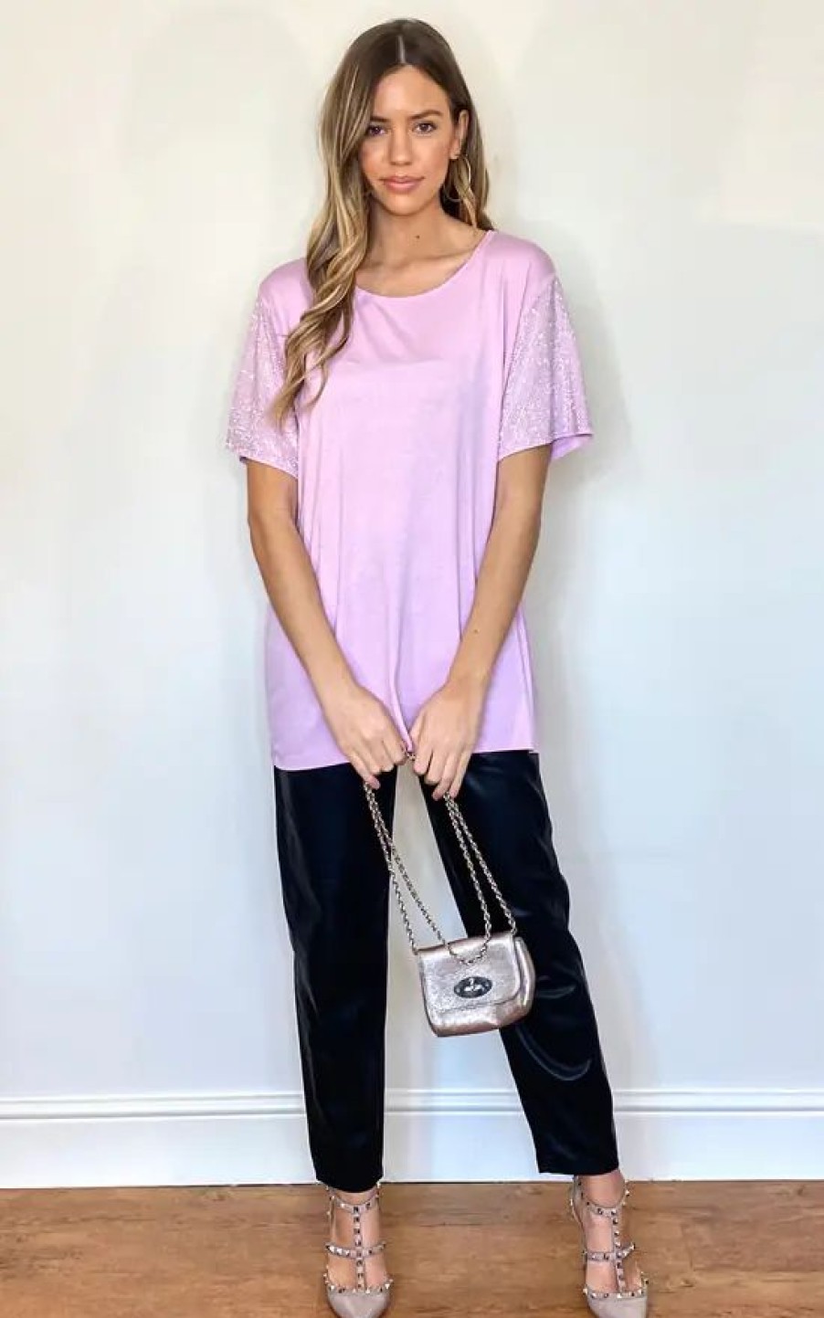 Tops * | Best Reviews Of Malissa J Collection Oversized T Shirt With Bling Sleeves In Lilac