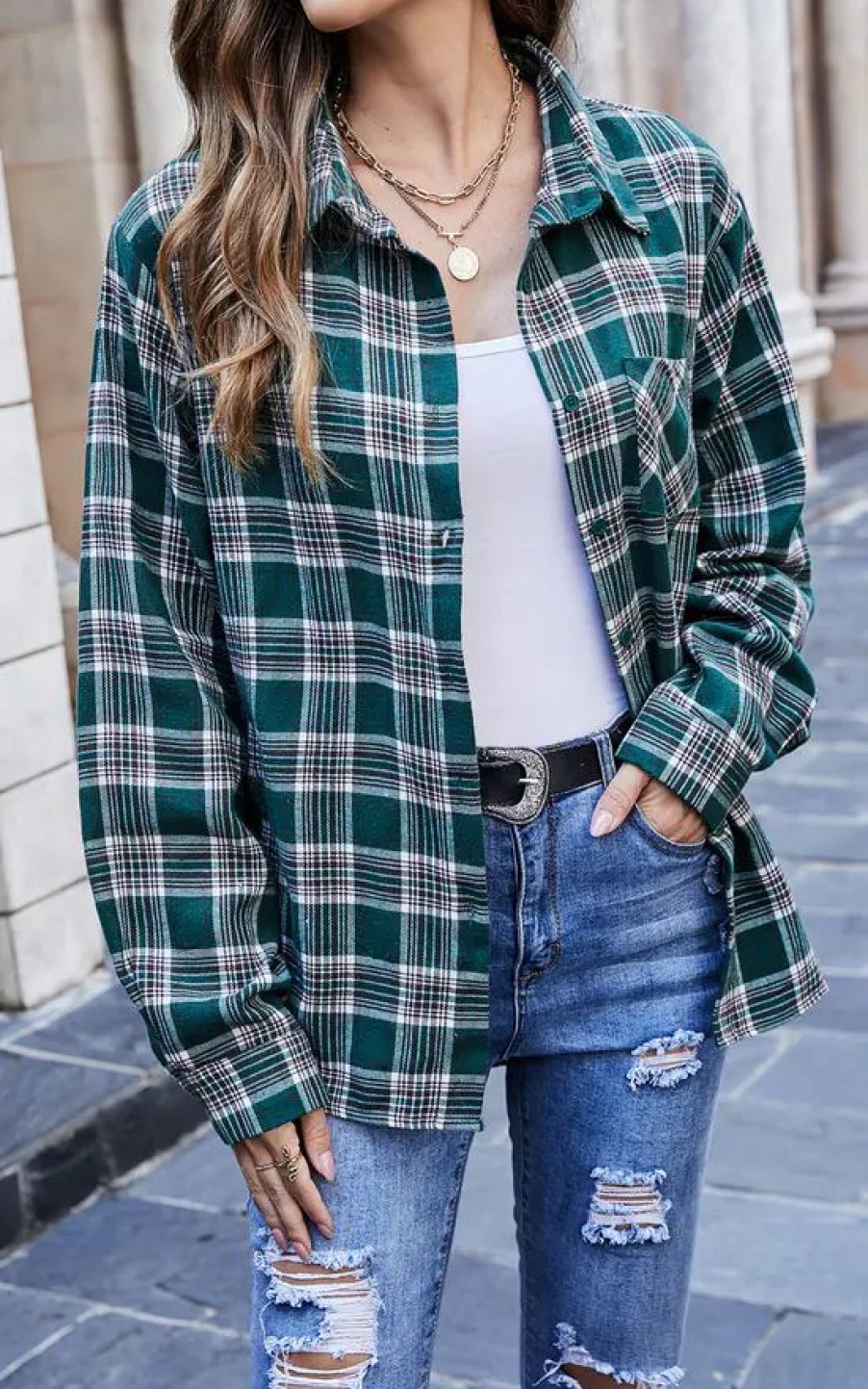 Tops * | Cheap Fs Collection Oversized White Brushed Check Pocket Detail Shirt In Green